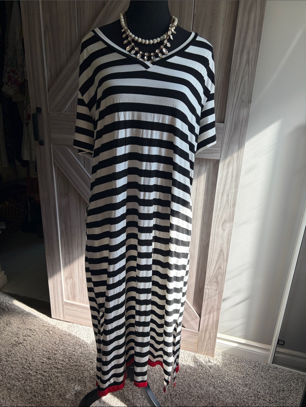 Classic Black and White Striped V-Neck Maxi Dress